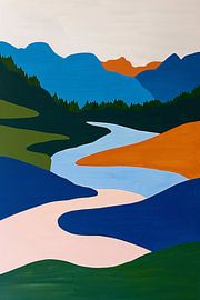 Buntes minimalistisches Gemälde von Fluss und Bergen
