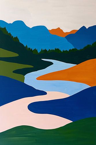 Kleurrijk minimalistisch schilderij van rivier en bergen