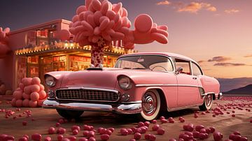 Pinkes US-Auto aus den 50er Jahren mit Blumen von Animaflora PicsStock