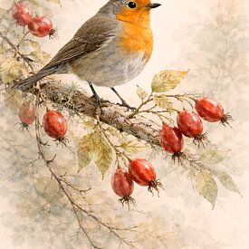 Rozenbottels en roodborstjes - botanische vogelstudies van Skarvaan by Benedict Gertz