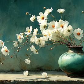 Flower Vase | White Petals Teal Vase by Wonderful Art