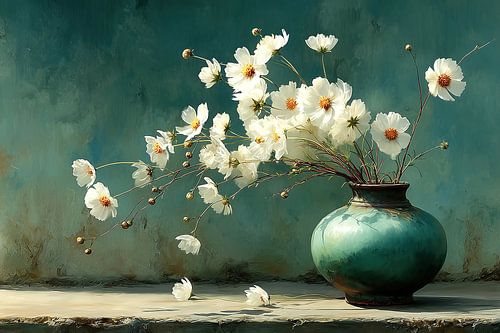 Bloemen Vaas | White Petals Teal Vase van De Mooiste Kunst