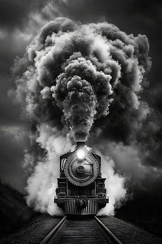 Stomende locomotief in zwart-wit