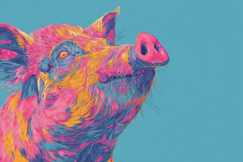 Pig Popart Portrait in Bright Colours by Eva Lee