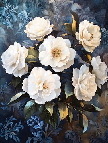 Verschnörkelte Blumen auf Blau