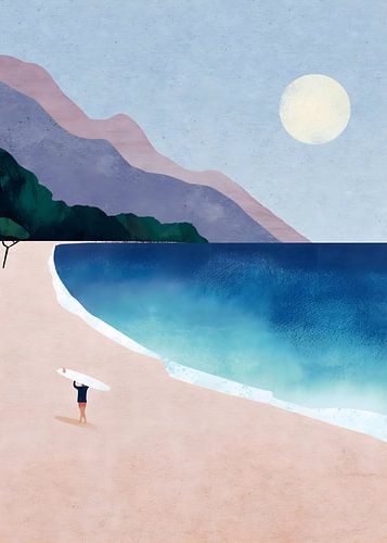 Minimalist beach illustration with surfer and purple mountains