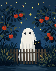 Süßer Halloween Geist mit schwarzer Katze unterm Sternenhimmel