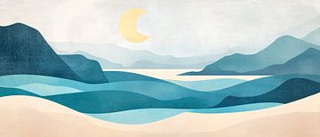 Glooiende heuvels en water in blauwe tinten van Poster Art Shop