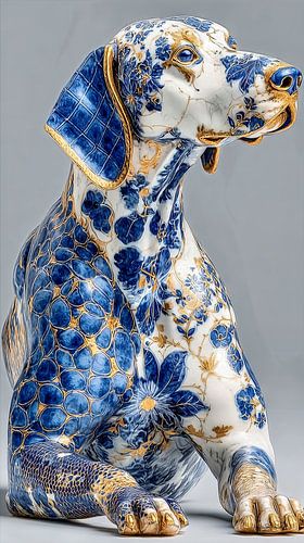 dog in delft blue and gold on a white marble background