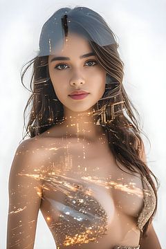 Vrouw in stad, dubbele belichting