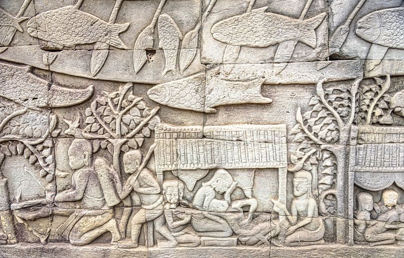 Relief on the wall in the temple, Cambodia by Rietje Bulthuis