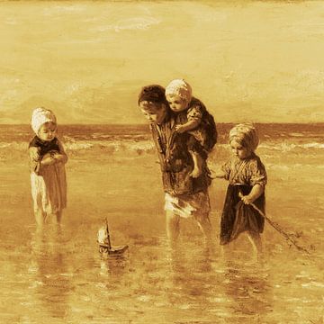 Kinderen der Zee, Jozef Israëls, gouden sepia, vierkant van Yanuschka Fotografie | Noordwijk