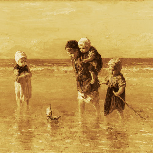 Kinderen der Zee, Jozef Israëls, gouden sepia, vierkant