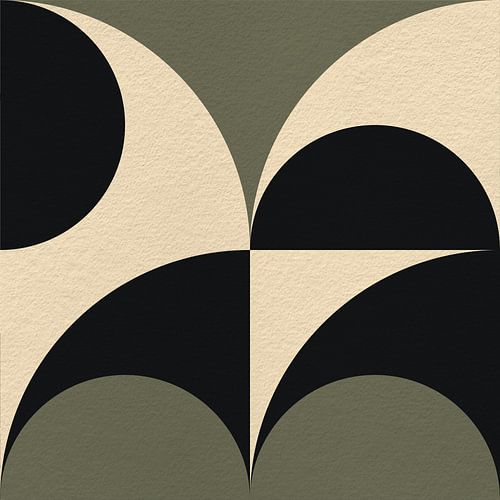 Art rétro moderne abstrait et minimaliste avec des formes géométriques en beige, noir et vert.