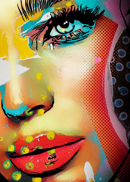 Golden pop art face by The Art Kroep on canvas, poster, wallpaper