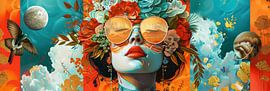 Surreal art and lots of colour of a female portrait panorama