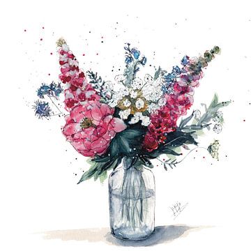 Romantisch boeket in aquarel en inkt van Spetter & Spat