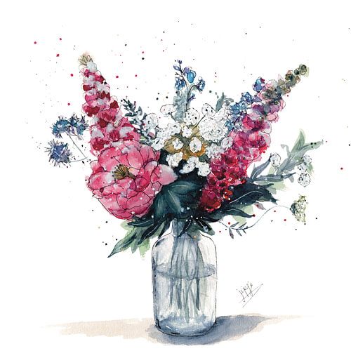 Romantischer Blumenstrauß in Aquarell und Tinte