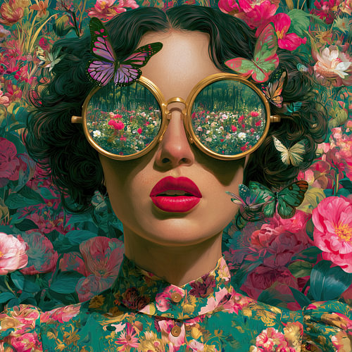 Jardin des papillons, les yeux, portrait de femme, surréaliste