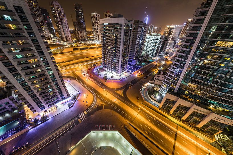 Dubai, night photo with light traces of cars by Inge van den Brande
