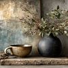 Dunkles Stilleben mit Keramik und Zweigen von Joriali Fine Art