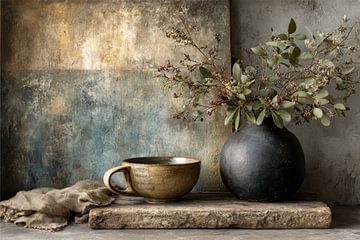 Dunkles Stilleben mit Keramik und Zweigen von Joriali Fine Art