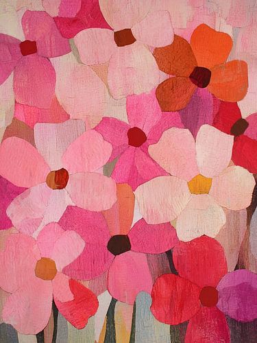 Champ de fleurs joyeux dans les tons roses et rouges