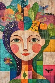 Heiteres Gesicht | Buntes Frauenporträt von Blickfänger Gemälde