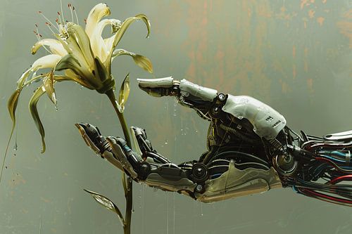 Robotische hand houdt delicate bloem vast