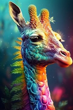 Rainbow Graze: A Radiant Giraffe Portrait van ArtfulAurora