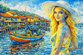 Sunny Harbor Scene with Woman and Boat Art by Dodik Hariyono