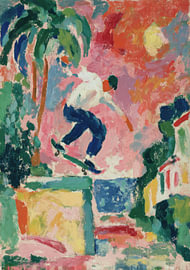 Un skateur sautant par-dessus un mur sous des palmiers aux couleurs vives sur Niklas Maximilian