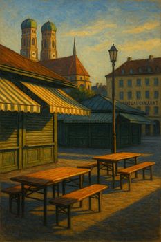 Münchner Markt-Sonnenuntergang: Stille Buden und Kirchtürme