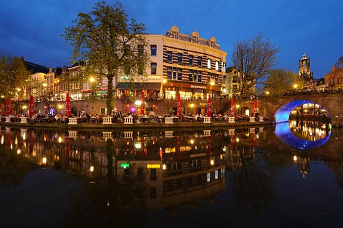 Oudegracht in Utrecht between Jansbrug and Bakkerbrug with Dom tower in the background