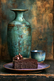 Schokoladenkuchen – Elegantes Stillleben in Petrol von Joriali Fine Art