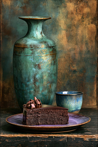 Chocolate Cake – Elegant Still Life in Petrol