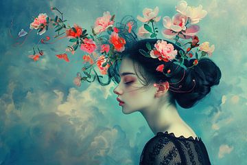 Vrouwenportret | Dream Blossoms van Abstract Schilderij