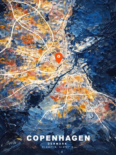 Lebendiges Ölgemälde im Impasto-Stil mit Stadtplan von Kopenhagen – moderne Wanddekoration für Stadtliebhaber