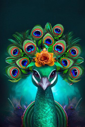 Portret van een pauw met verentooi en roos