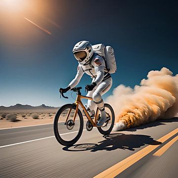 Astronaut on rocket-powered road bike