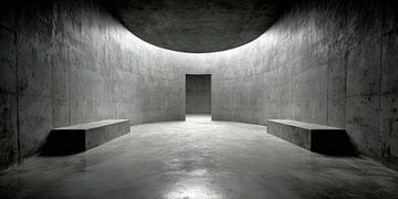 Runder Betonraum mit symmetrischen Sitzbänken von Klaus Tesching - Art-AI