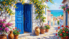 Porte bleue méditerranéenne baignée de soleil, rue du Citron sur Daan Dirk