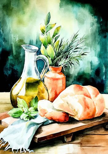 Kruik, brood en vaas - aquarel stilleven