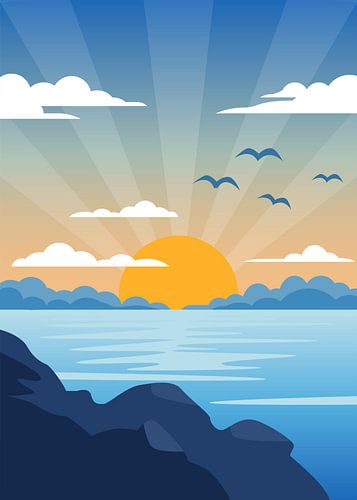 Minimalistische, platte illustratie van een schilderachtige zonsopgang aan zee met rotsen, wolken en vliegende vogels.