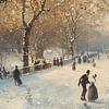 Snowy park with skating couple in old town (KI) by Classic PrintArt