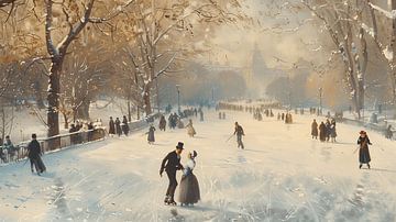 Snowy park with skating couple in old town (KI) by Classic PrintArt