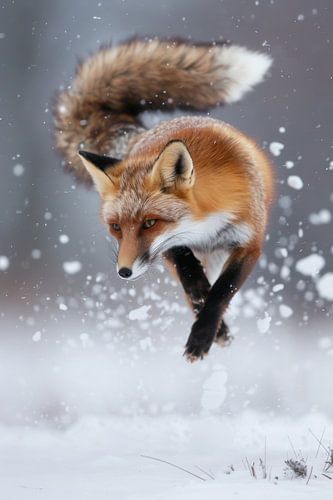 Jumping fox in the snow