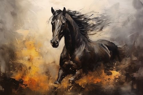 Abstract artistic background with a black horse, in oil paint design