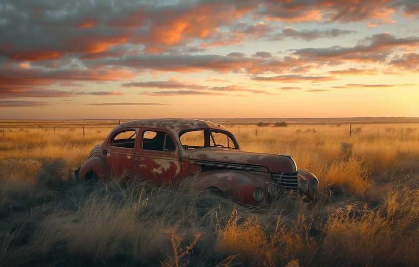 Wyoming: auto in het avondlicht van fernlichtsicht