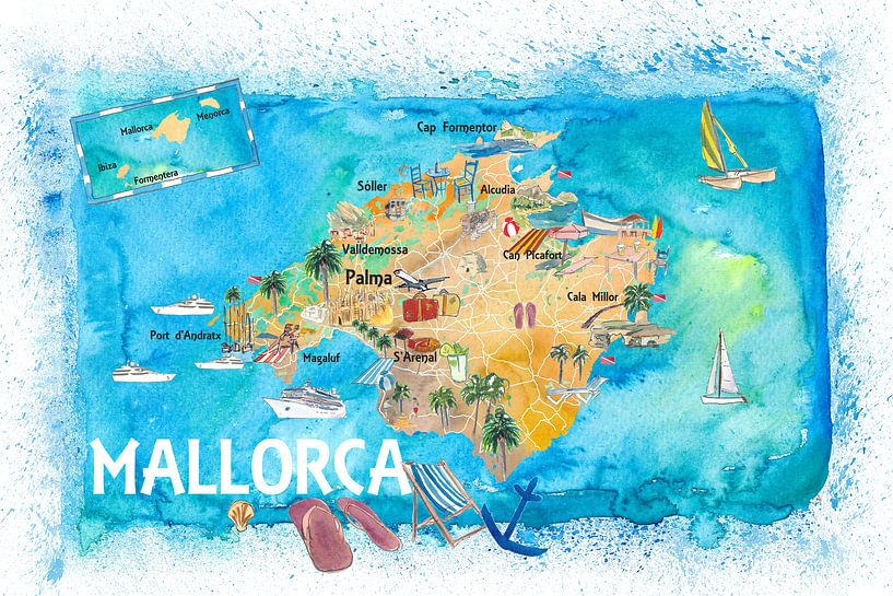 Illustrated map of Mallorca Spain with sights and highlights by Markus Bleichner